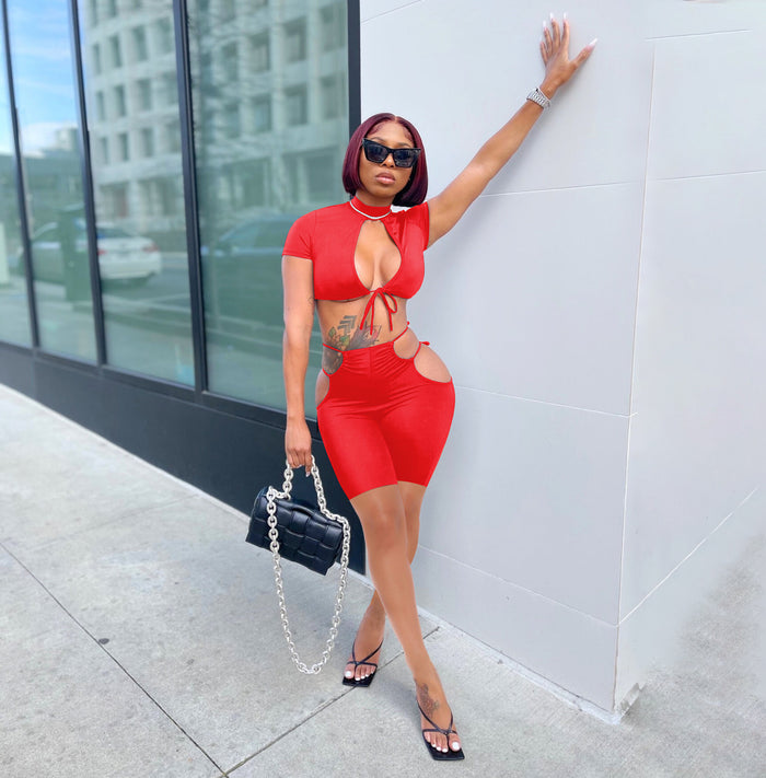 Solid Color Sexy Tie Up Short Sleeve Shorts Two Piece Sets YIBF 6050
