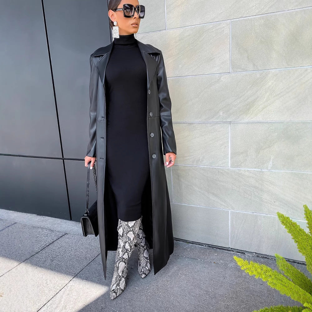 Lapel Button Warm Long Leather Coat LSD LD2271