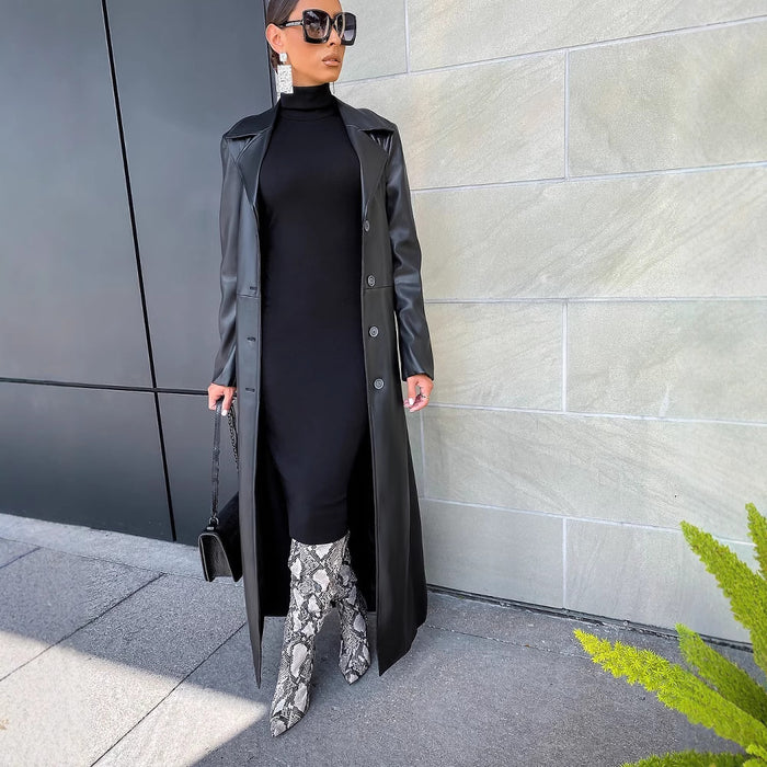 Lapel Button Warm Long Leather Coat LSD LD2271