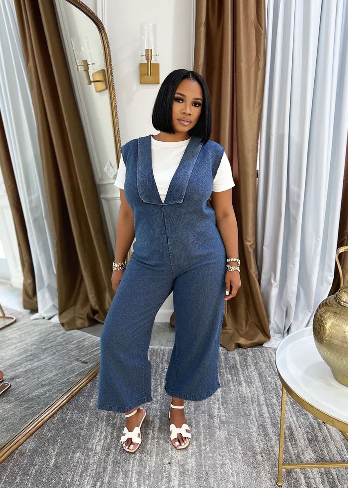 Plus Size Casual V Neck Loose Denim Sleeveless Jumpsuit GYLN 0619