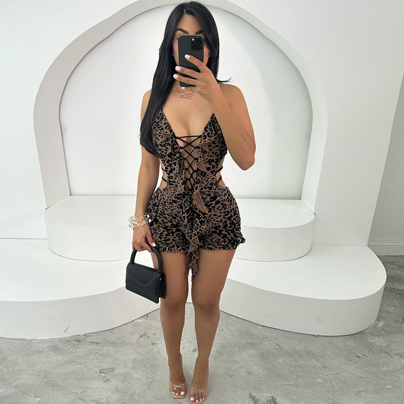 Print Hollow Out Tie Up Skinny Romper GXBQ K24Q60762