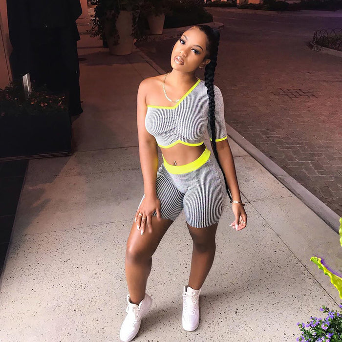 Single Sleeve Striped Sports Two Piece Set NIK 098