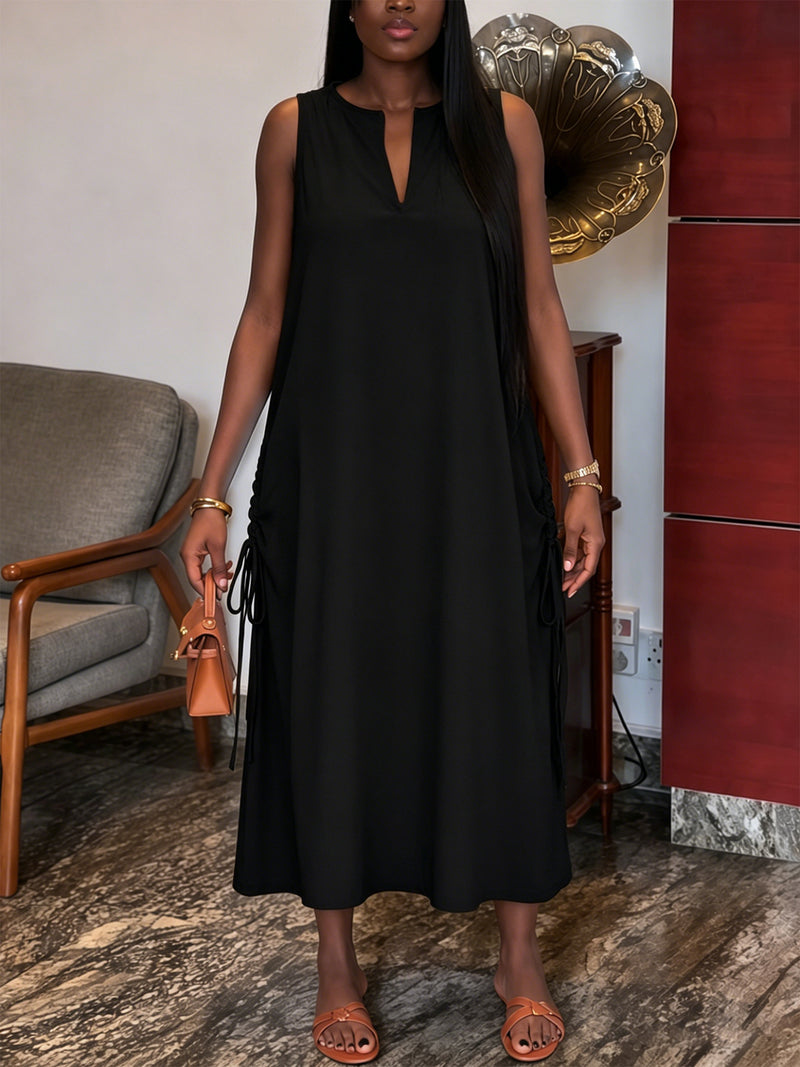 Solid Color V Neck Sleeveless Maxi Dress HNIF TY039
