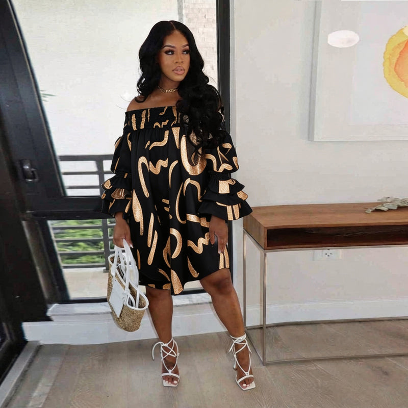 Plus Size Loose Off Shoulder Midi Dress GTYZ 7618