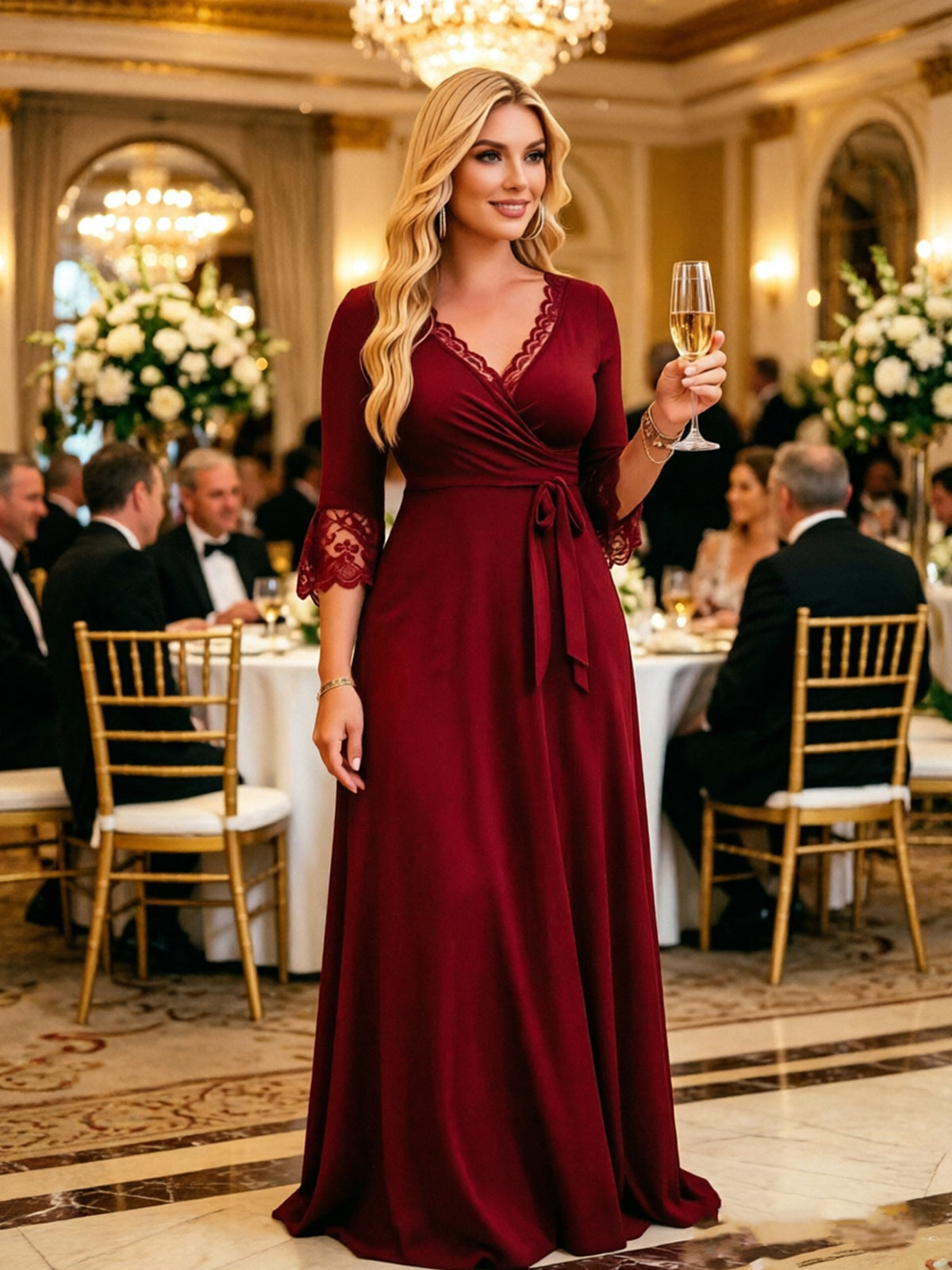 Lace V Neck Solid Color Maxi Dress XMY N049