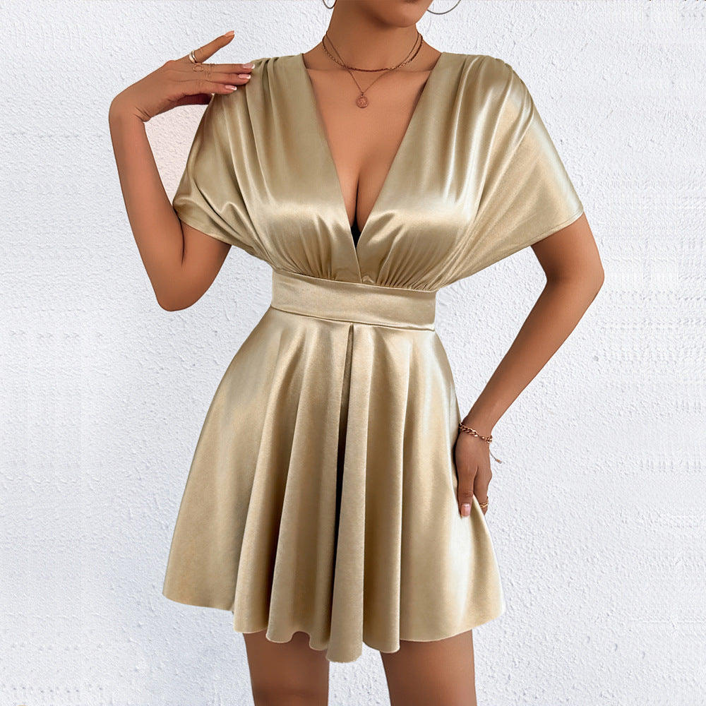 V Neck Solid Color Mini Dress YMYF 9573