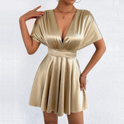 V Neck Solid Color Mini Dress YMYF 9573