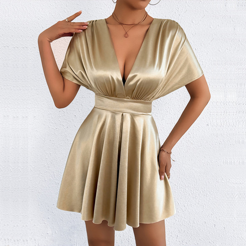 V Neck Solid Color Mini Dress YMYF 9573