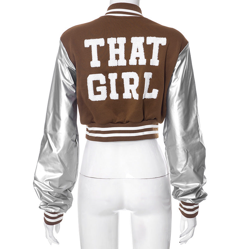 Color Block Short PU Leather Baseball Coat GSZM K23TP377