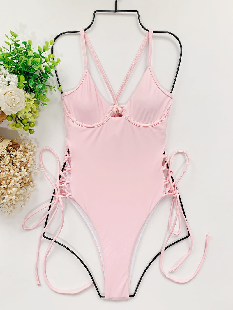 Solid Lace Up Sexy One Piece Bikini CASF 6206