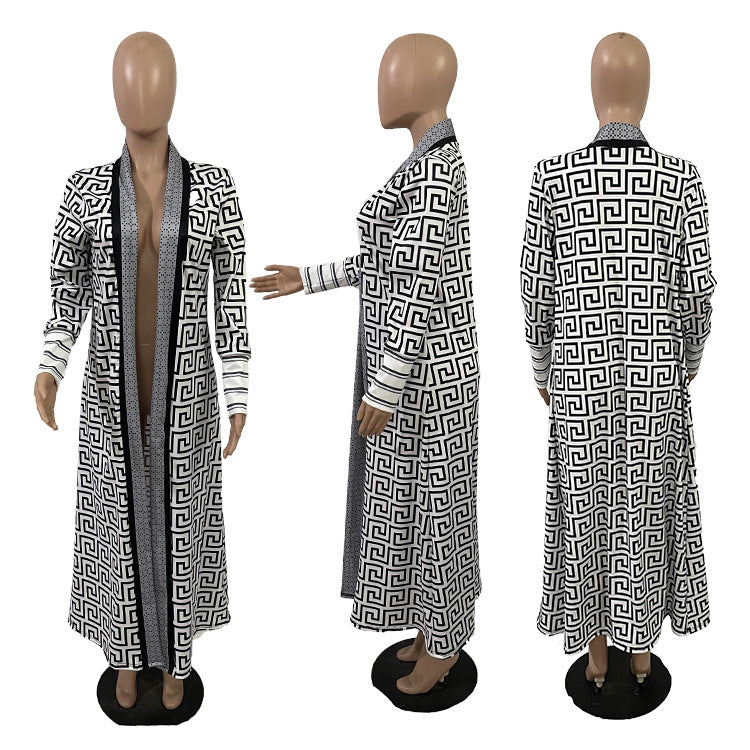 Plus Size Print Long Sleeve Knit Coat GRNH 8078