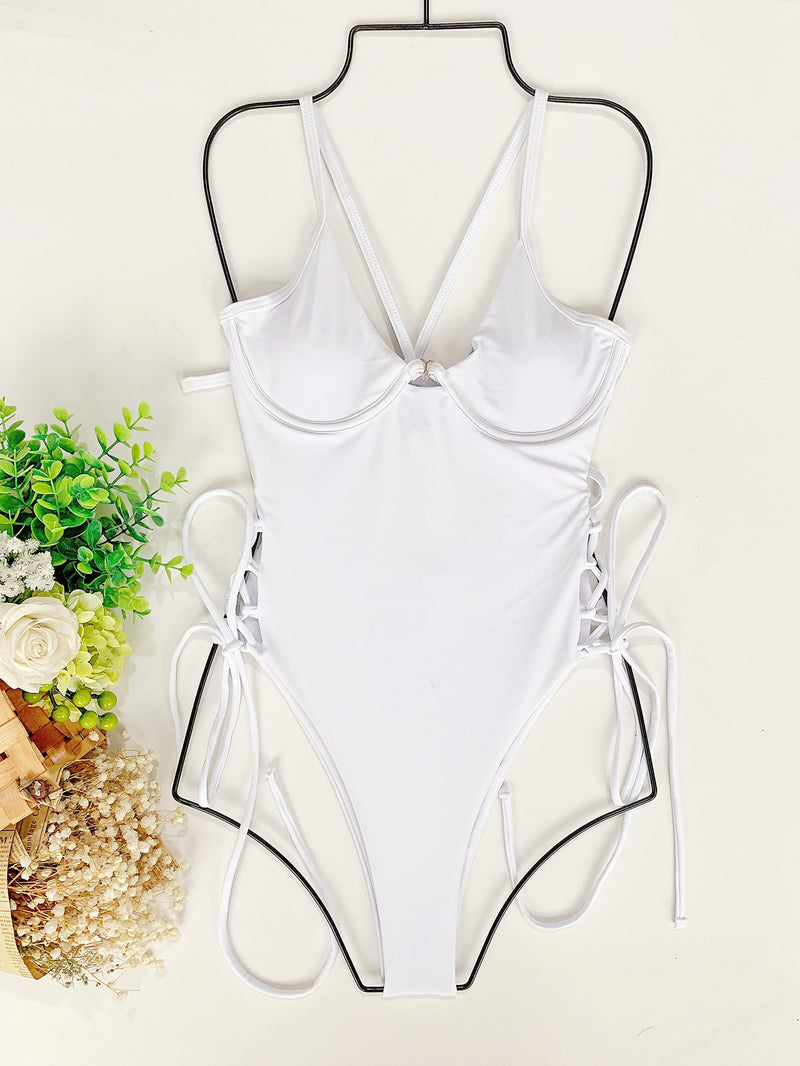 Solid Lace Up Sexy One Piece Bikini CASF 6206
