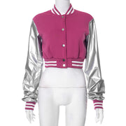 Color Block Short PU Leather Baseball Coat GSZM K23TP377