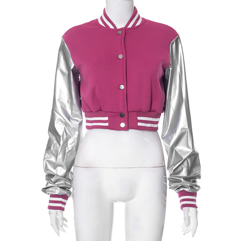 Color Block Short PU Leather Baseball Coat GSZM K23TP377