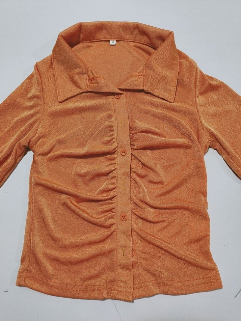 Pleated Lapel Single Breasted Long Sleeve Shirt GYSM W0292