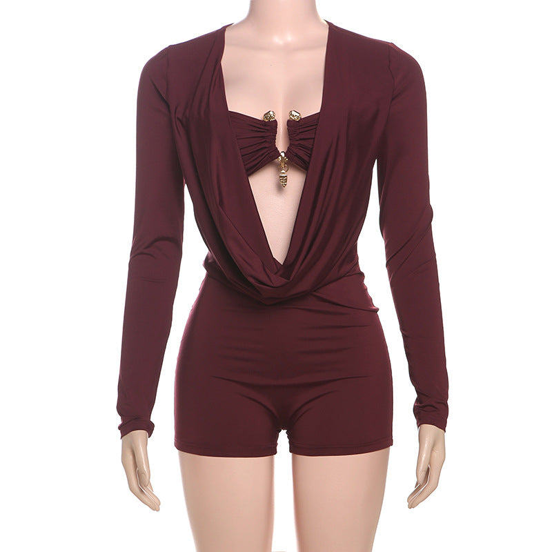 Deep V Neck Solid Color Long Sleeve Romper GZJQ K24Q62136
