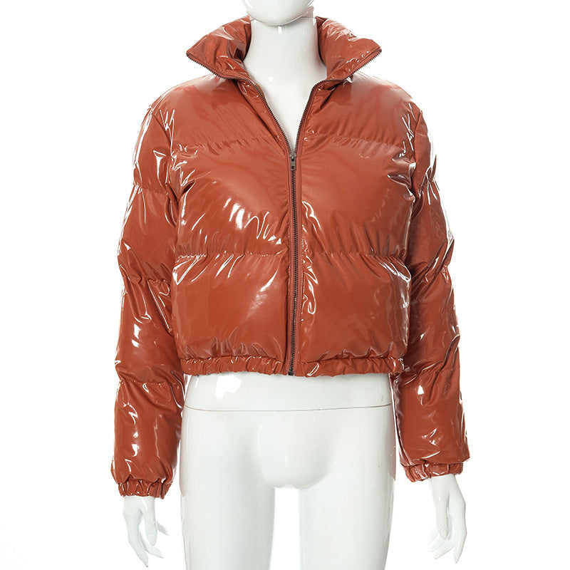 Solid PU Leather Stand up Collar Cotton Jacket GSZM A20666T