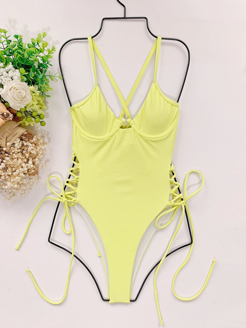 Solid Lace Up Sexy One Piece Bikini CASF 6206