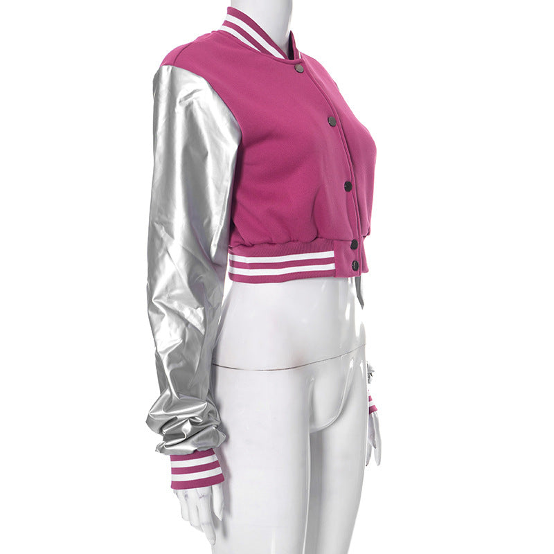 Color Block Short PU Leather Baseball Coat GSZM K23TP377