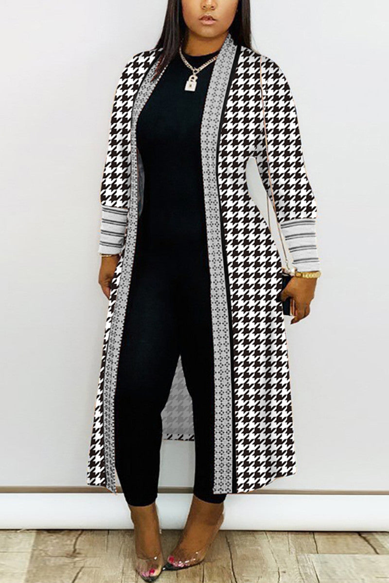 Plus Size Print Long Sleeve Knit Coat GRNH 8078