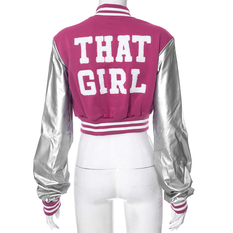 Color Block Short PU Leather Baseball Coat GSZM K23TP377