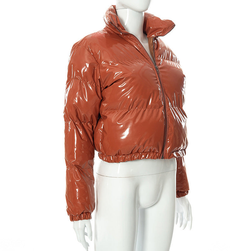 Solid PU Leather Stand up Collar Cotton Jacket GSZM A20666T