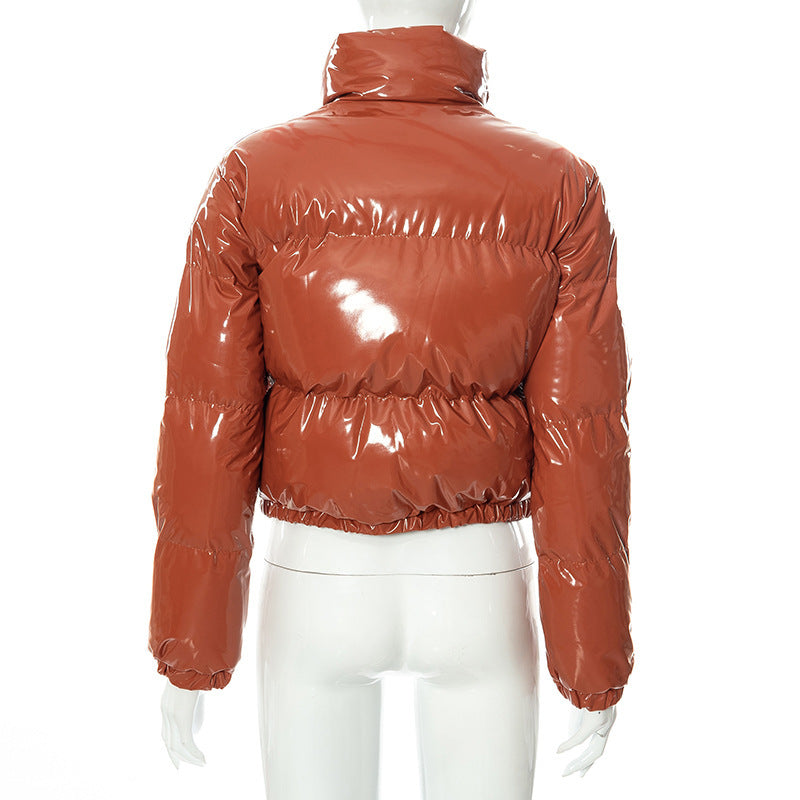 Solid PU Leather Stand up Collar Cotton Jacket GSZM A20666T