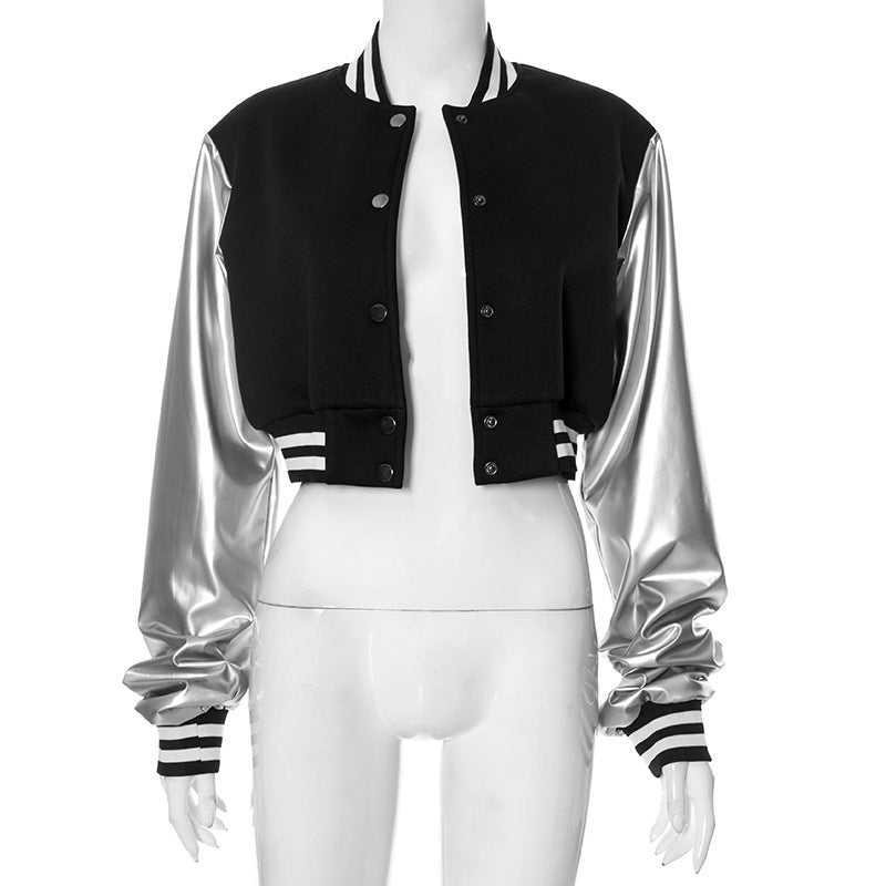 Color Block Short PU Leather Baseball Coat GSZM K23TP377