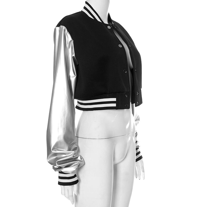 Color Block Short PU Leather Baseball Coat GSZM K23TP377