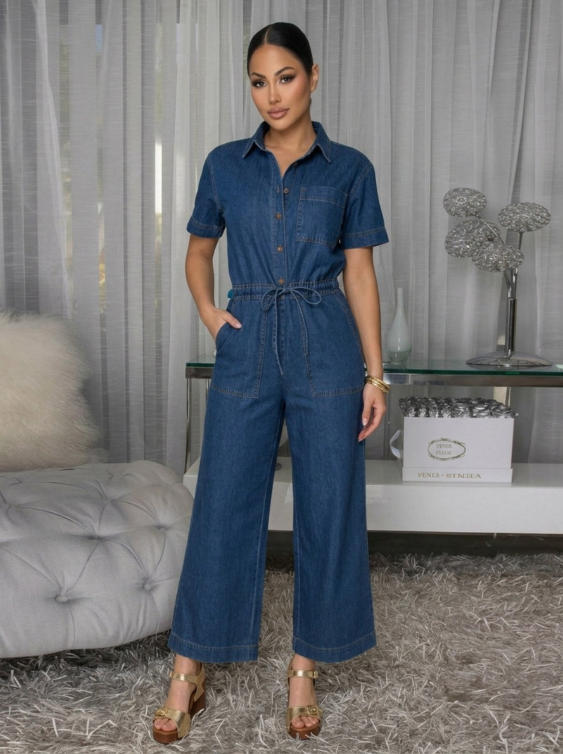 Single Breasted Short Sleeve Denim Jumpsuit OSM 4503
