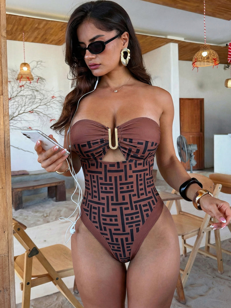 Print V Neck Backless One Piece Swimsuit CSYZ G682R