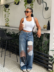 Plus Size Patchwork Print Straight Jeans GYLN 3810