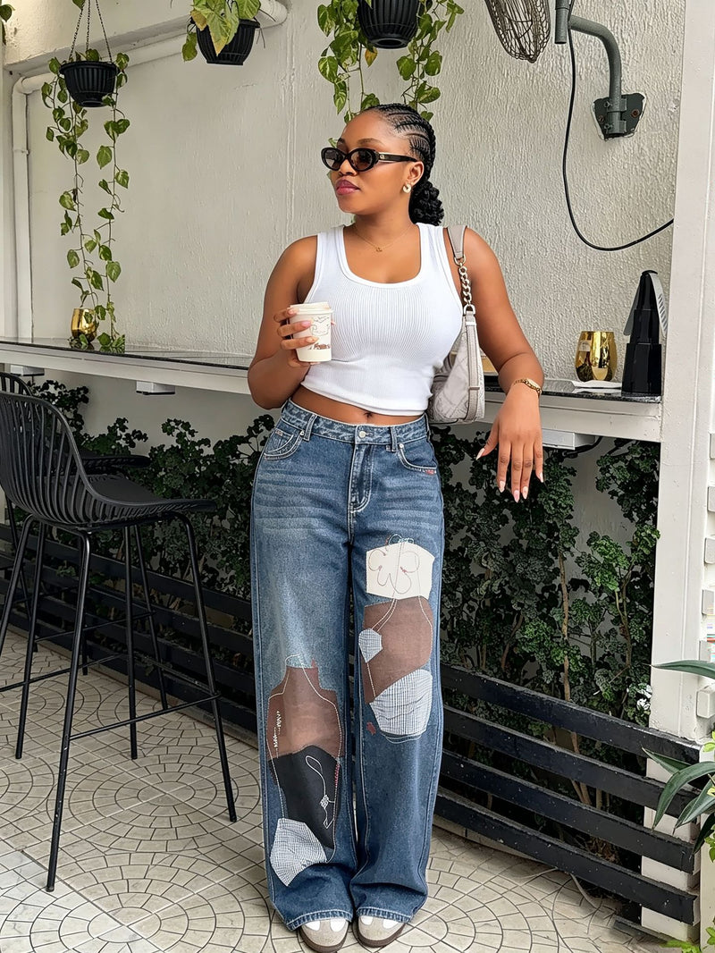 Plus Size Patchwork Print Straight Jeans GYLN 3810