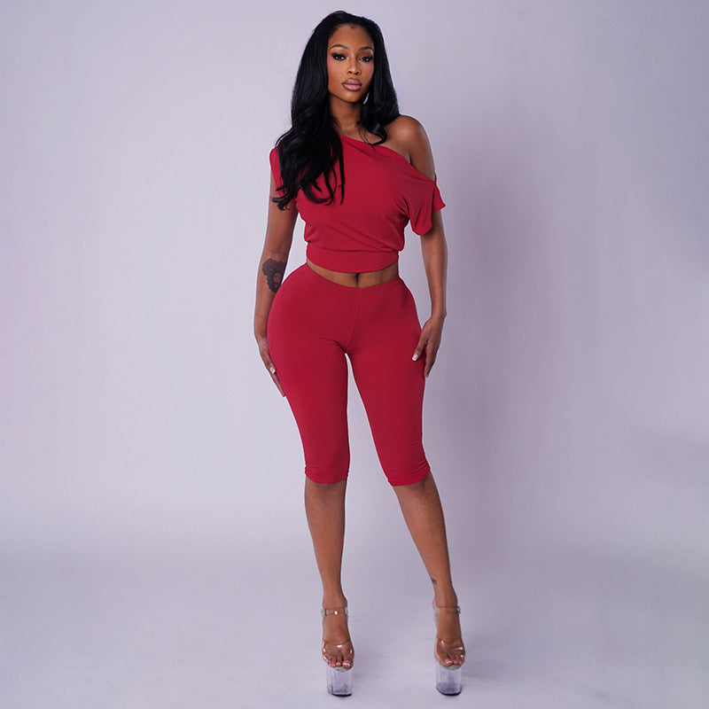 Slash Shoulder Solid Top Seventh Pants Suit GDSF D26ST276