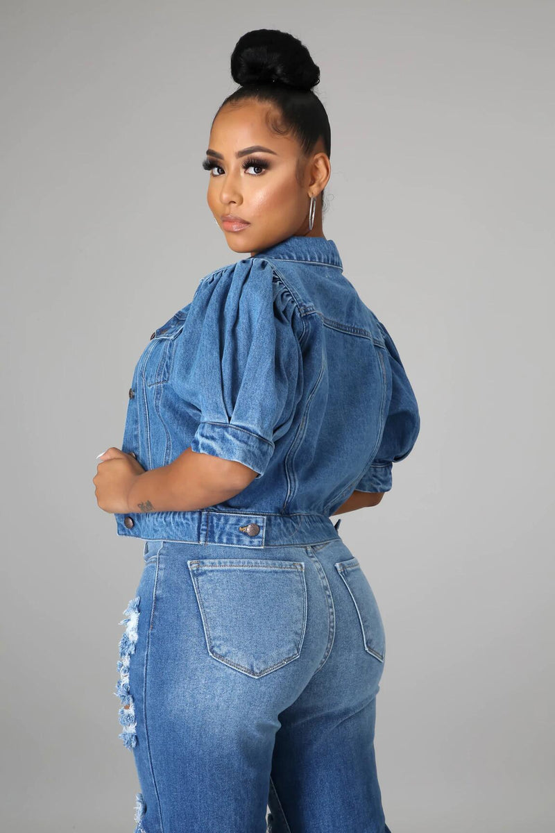 Plus Size Half Puff Sleeve Denim Jacket XCFF 1066