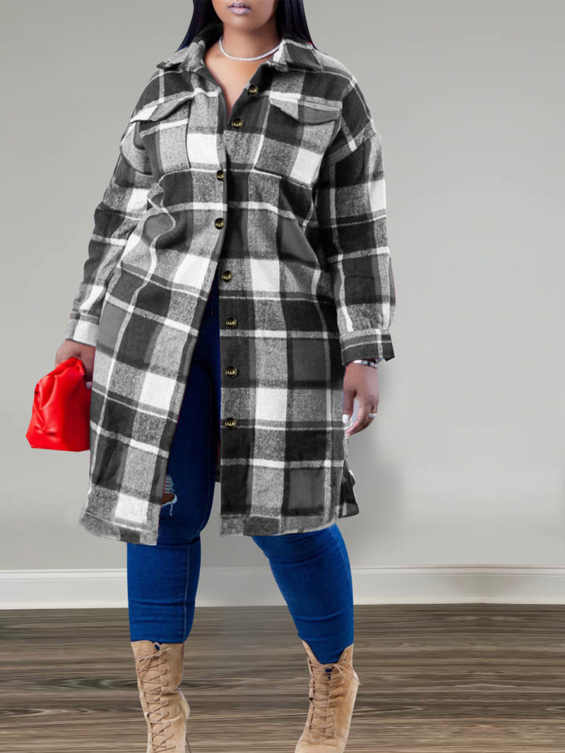 Plaid Print Long Sleeve Long Coats YH 5339