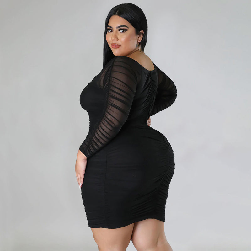 Plus Size Sexy Ruched Long Sleeve Bodycon Dress NNWF 7697