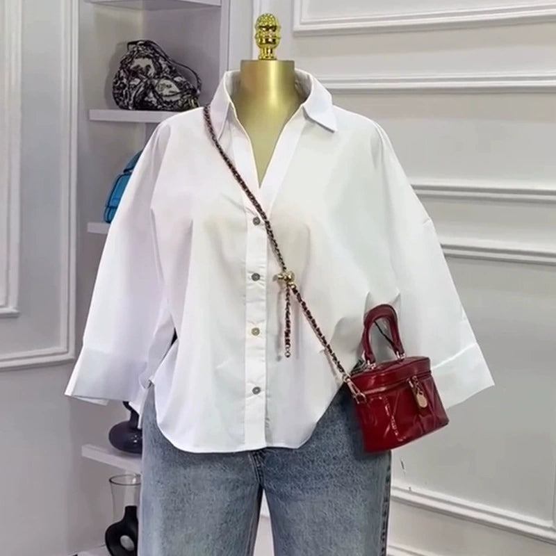 Loose Solid Color 3 4 Sleeve Shirts GCNE 73145