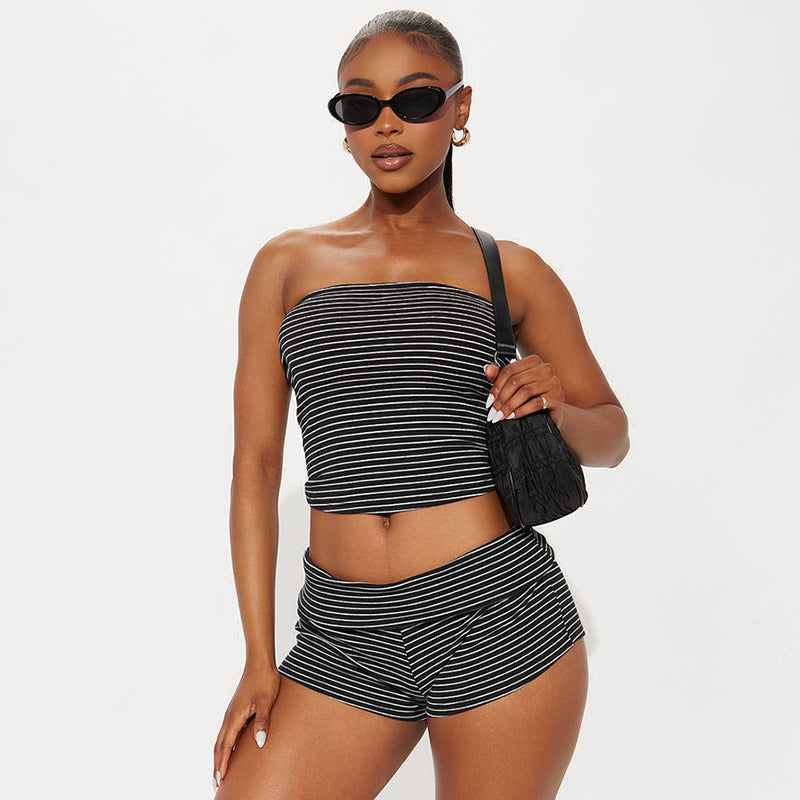 Stripe Wrap Chest Top Two Piece Shorts Set GDSF D26ST116