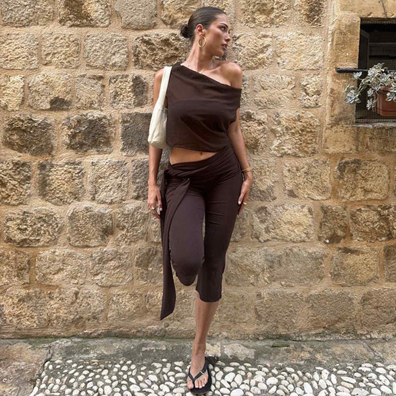 Solid Color Patchwork Micro Flare Seventh Pant GLAG P6121245F