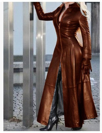 Plus Size Zipper Stand Neck Leather Long Coat GHKC Q012