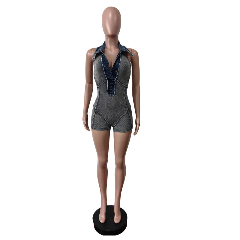 Lapel Sleeveless Denim Romper MEM 88630