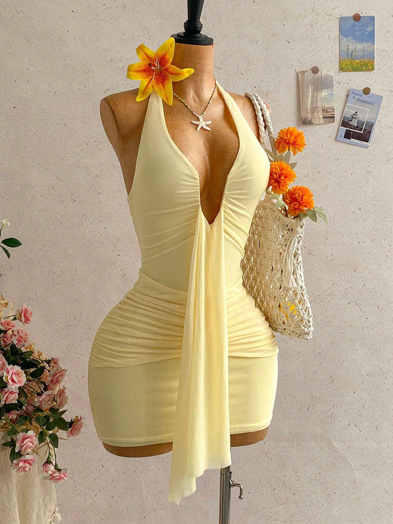 Solid Color Halterneck Ruched Mini Dress GXIY K26L2515