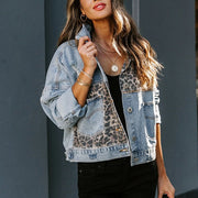 Leopard Print Splicing Long Sleeve Denim Coat XCFF 993