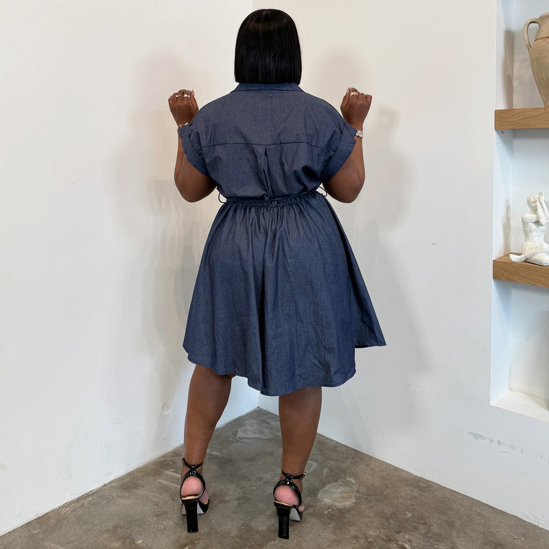 Plus Size Short Sleeve Belt Denim Midi Dress NNWF 8163