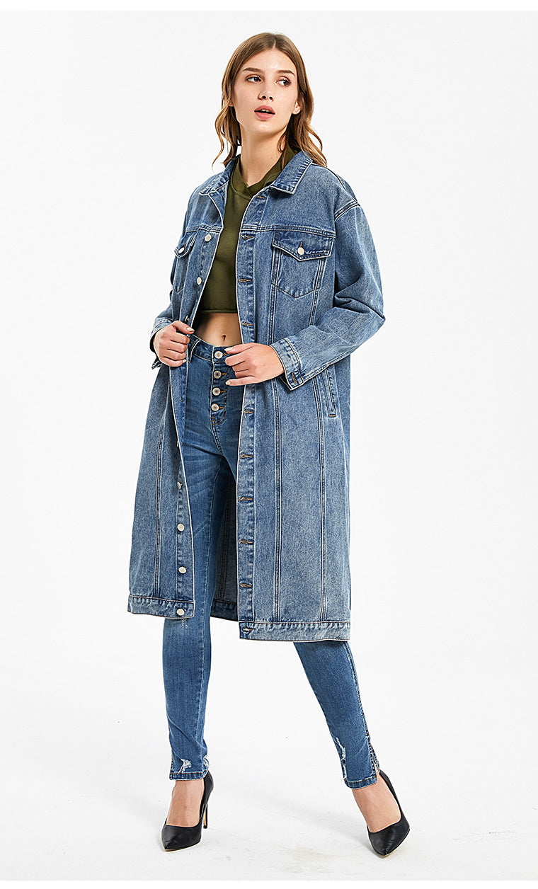 Washed Slim Denim Long Coat GKNF TS R07