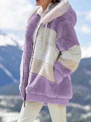 Plus Size Warm Plush Patchwork Zipper Hooded Loose Jacket GOFY 80160