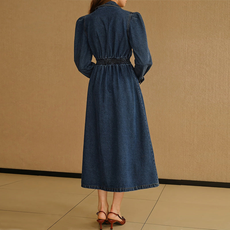 Long Sleeve Lapel Denim Maxi Dress GDAM 218785