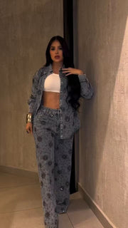 Beaded Flower Sequin Straight Jeans WXHY XHU5015