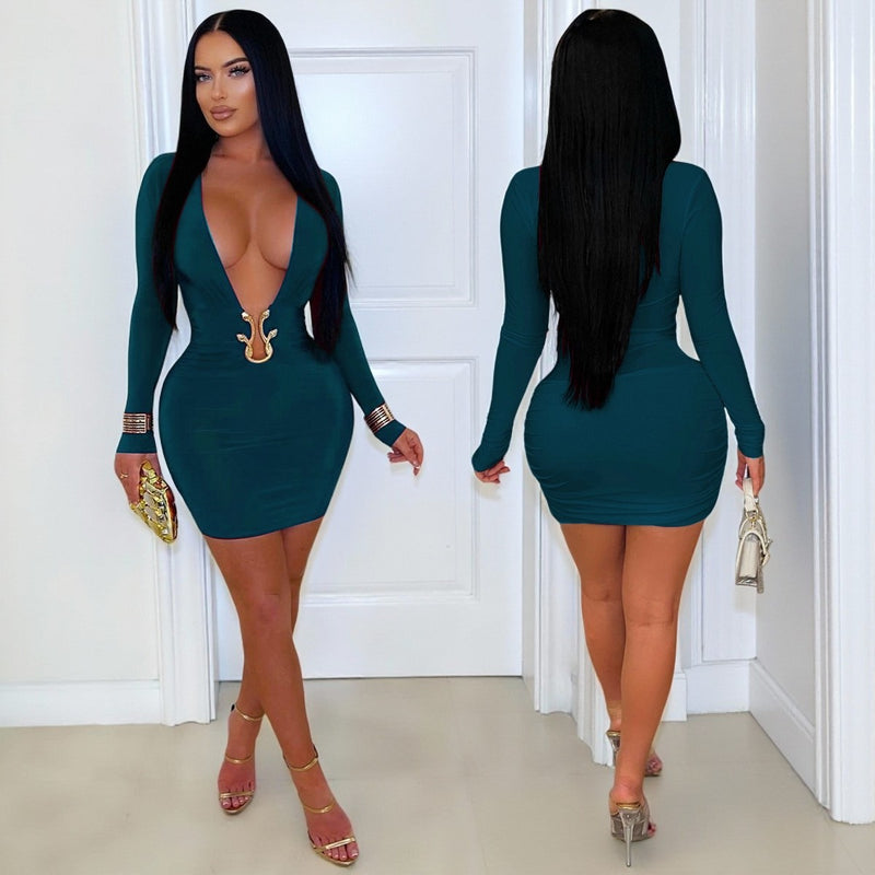 Deep V Neck Long Sleeve Bodycon Dress GZIY 6372